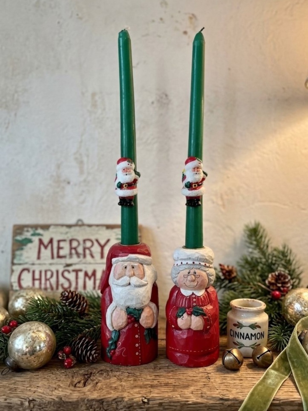 Vintage Taper Candles with Santa & Mrs. Claus Holders
π